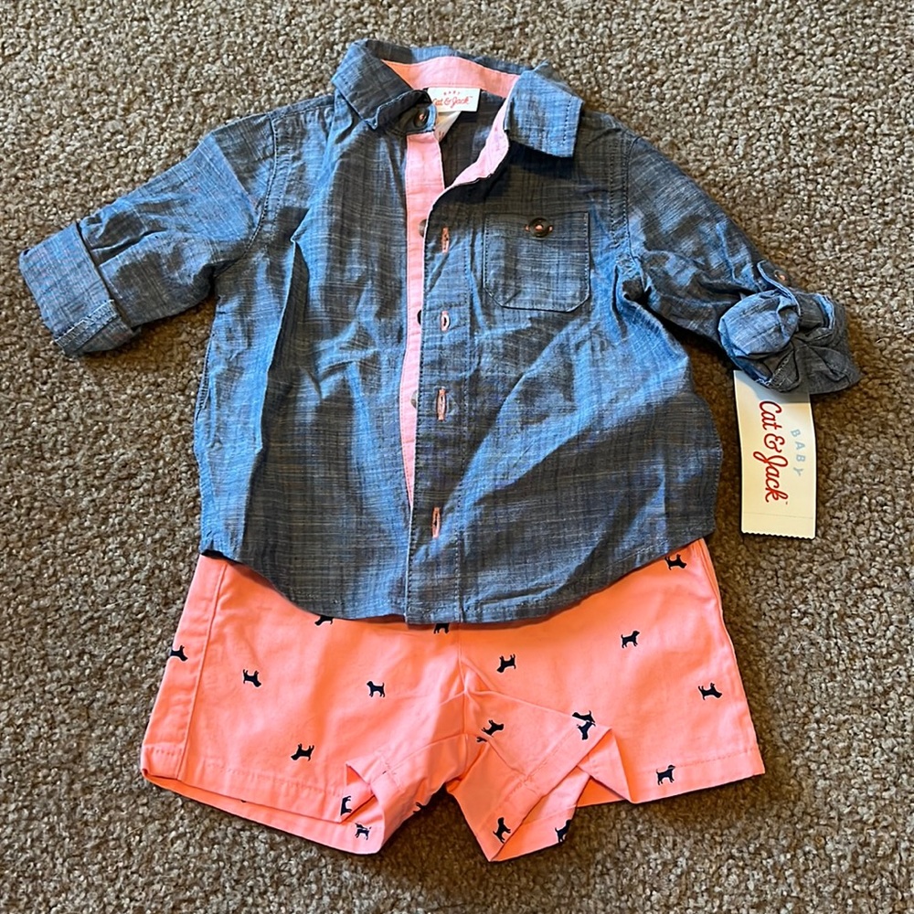 Cat & Jack Button Down Short outfit.  BNWT.  Puppies.